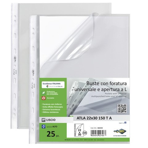 Busta a perforazione universale Sei Rota Atla T A apertura a L formato 22×30 cm – conf. 25 buste – 662223