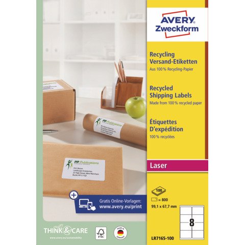 Etichette in carta riciclata bianca per buste e pacchi Avery 99,1×67,7 mm – 8 et/foglio – Laser cf. 100 ff LR7165-100