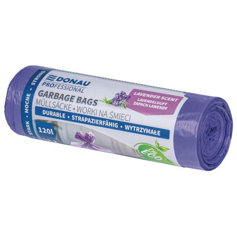 Sacchi profumati per rifiuti inorganici Donau Professional 120 L 122×70 cm – 24 µm lavanda – rotolo 10 pz – 22224432-09