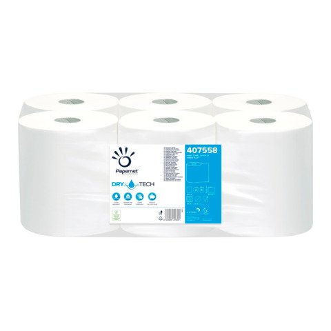 Asciugamani in rotolo Autocut Papernet con tecnologia Dry Tech 1 velo – pura cellulosa – bianco – conf. 6 pz – 407558
