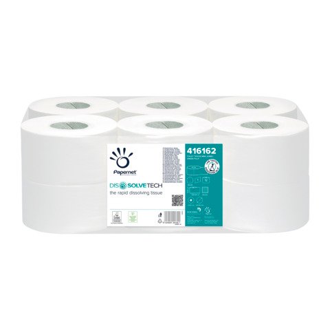 Carta igienica mini Jumbo Papernet con tecnologia Dissolve Tech 1 velo – bianco – conf. 12 pz – 416162