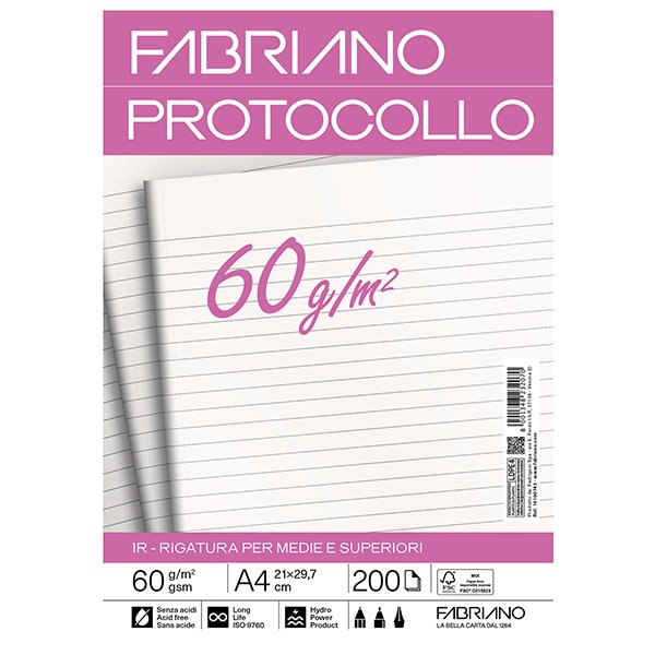 Foglio protocollo – A4 – 1 rigo – 60 gr – Fabriano – conf. 200 pezzi